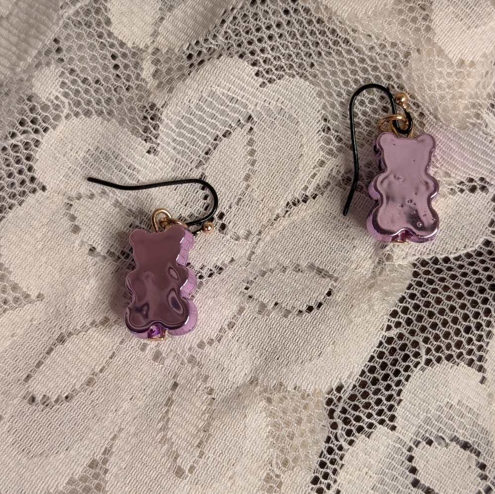 Hand Crafted Purple & Black Metallic Bear Pierced Earrings - Picture 2 of 4